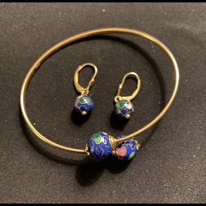 Gold and blue cloisonné bracelet and earrings